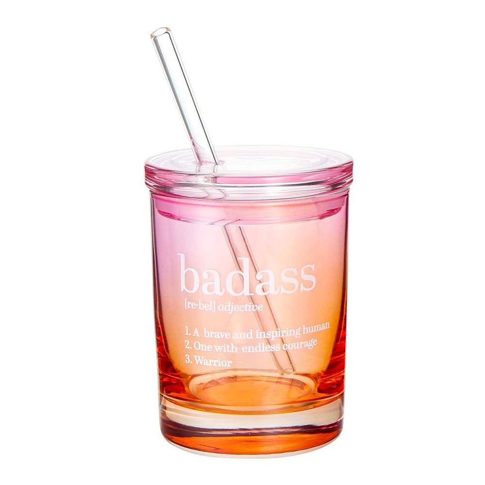 2 available “Badass” Glass DOF w/Lid & glass Straw hombre tint-pink/orange-NWT